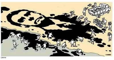 Charge de Laerte, onde a lama do petróleo forma o rosto de Bolsonaro