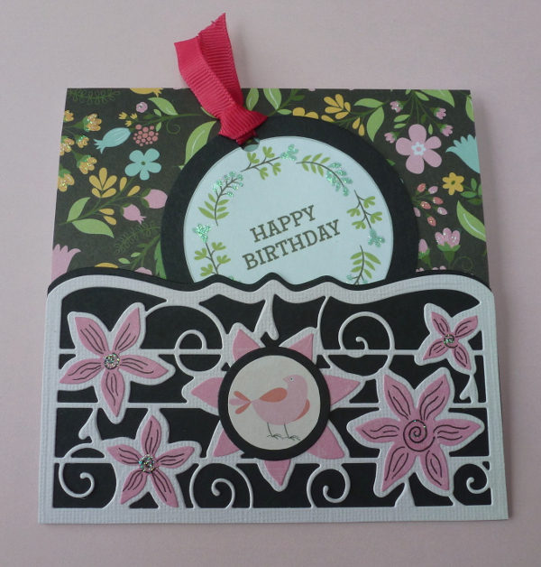 Pocket card happy birthday black and pink design Tonic die circle tag