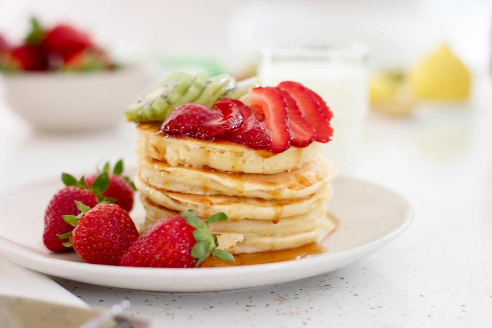 cut kiwis syrup 2 how strawberries, oodles maple Pancake  make with serves and to stack of pancakes