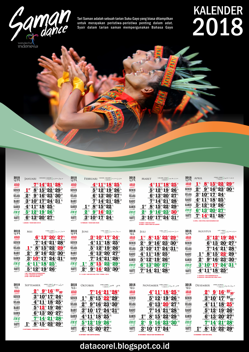 Saman Dance Kalender 2018 Lengkap Arab Dan Jawa CorelDraw CDR Gratis