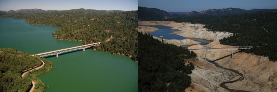 You Still Think Climate Change Is A Hoax These 20 Before-And-After Photos Will Leave You Speechless! - THE ENTERPRISE BRIDGE PASSES OVER A SECTION OF LAKE OROVILLE IN 2011 (LEFT) AND 2014 (RIGHT) IN OROVILLE, CALIFORNIA, WHICH IS EXPERIENCING “EXCEPTIONAL” DR