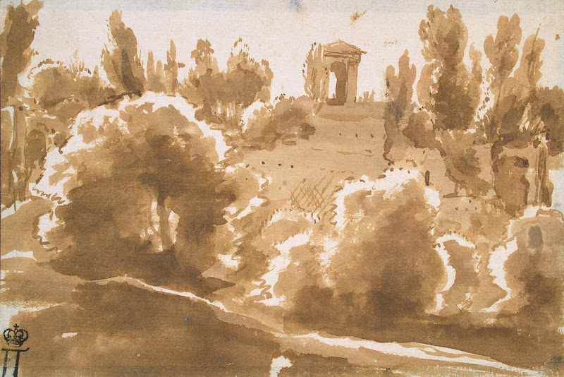 Landscape with a Portico by Nicolas Poussin - Landscape Drawings from Hermitage Museum