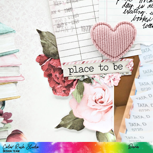 Book lover library holds scrapbook layout created with the Simple Stories Simple Vintage Love Story line and Color Rush Studio Embellishments.