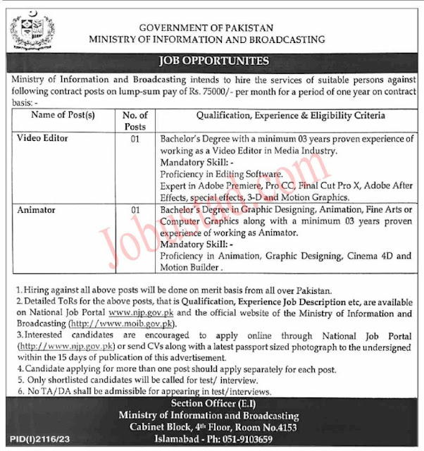 GOVT OF PAKISTAN MINISTRY OF INFORMATION & BROADCASTING LATEST JOBS 2023