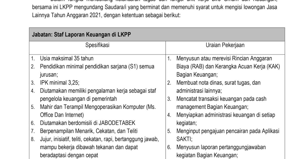 Lowongan Kerja Lowongan Kerja Pegawai Biro Umum dan Keuangan LKPP    April 2024