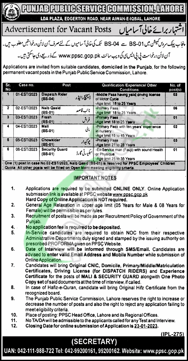 PPSC Jobs 2023 Punjab Public Service Commission For BPS-04 To BPS-01
