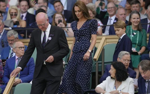 Kate Middleton wore a new chelsea-collar polka-dot silk crepe dress by Alessandra Rich. Alessandra Rich leather pumps