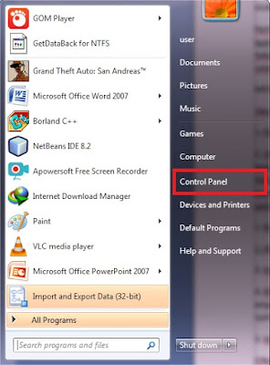 Buka Control Panel dengan mengklik logo windows di taskbar kemudian klik Control Panel.