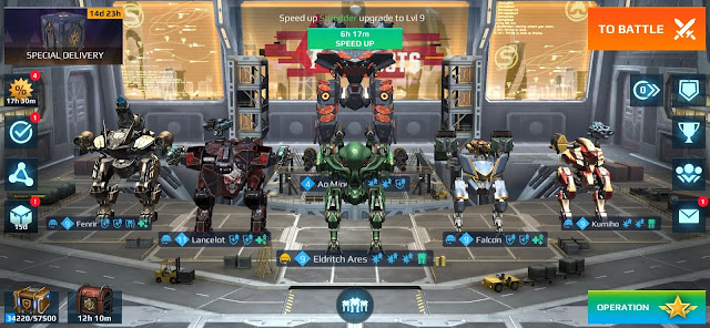 War Robots hangar with Fenrir, Lancelot, Ares, Falcon and Kumiho.