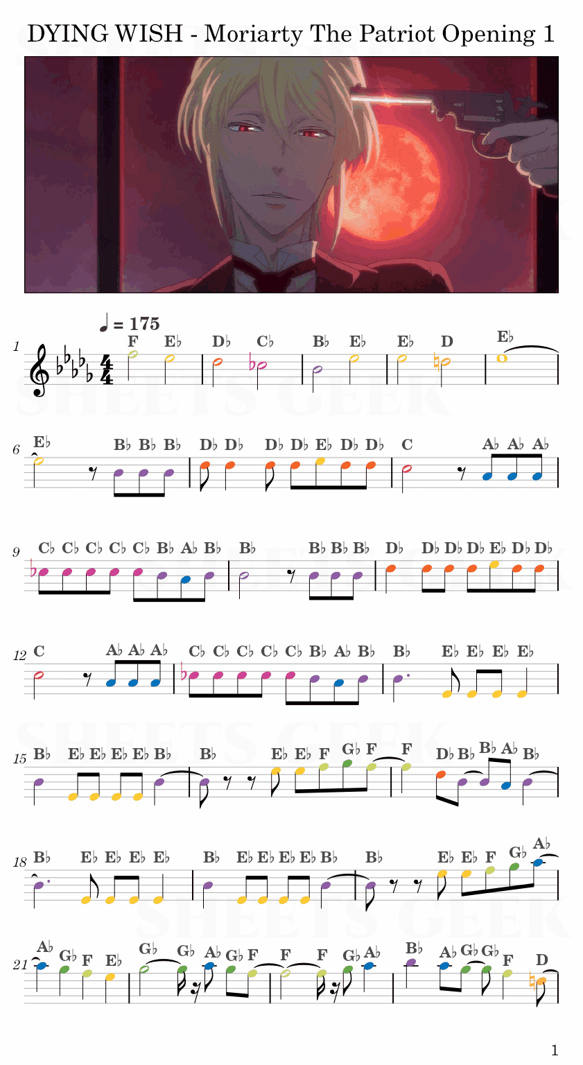 DYING WISH - Moriarty The Patriot Opening 1 Easy Sheet Music Free for piano, keyboard, flute, violin, sax, cello page 1