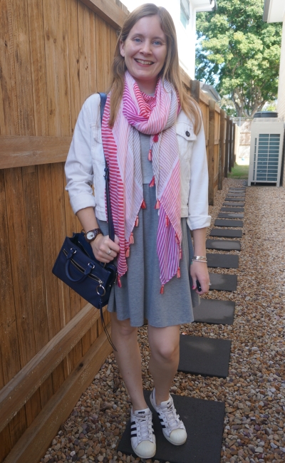 grey fit and flare dress with striped scarf, navy bag and white denim jacket, adidas superstar sneakers | awayfromblue