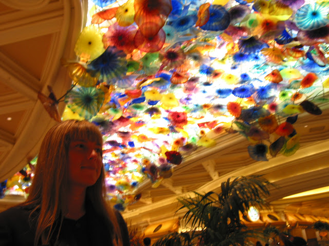 Glass flower sculpture by Dale Chihuly in Bellagio Las Vegas foyer.