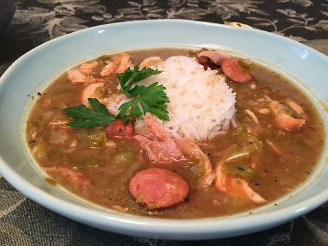 chicken, andouille sausage, file powder, gumbo, soup