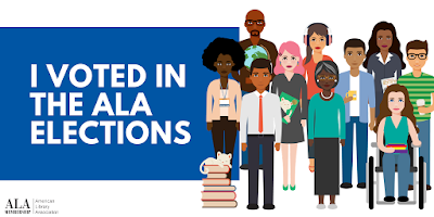 Graphic, 'I voted in the ALA elections.' Image depicts a variety of people from a variety of backgrounds including race and ability, to the right of the image caption.