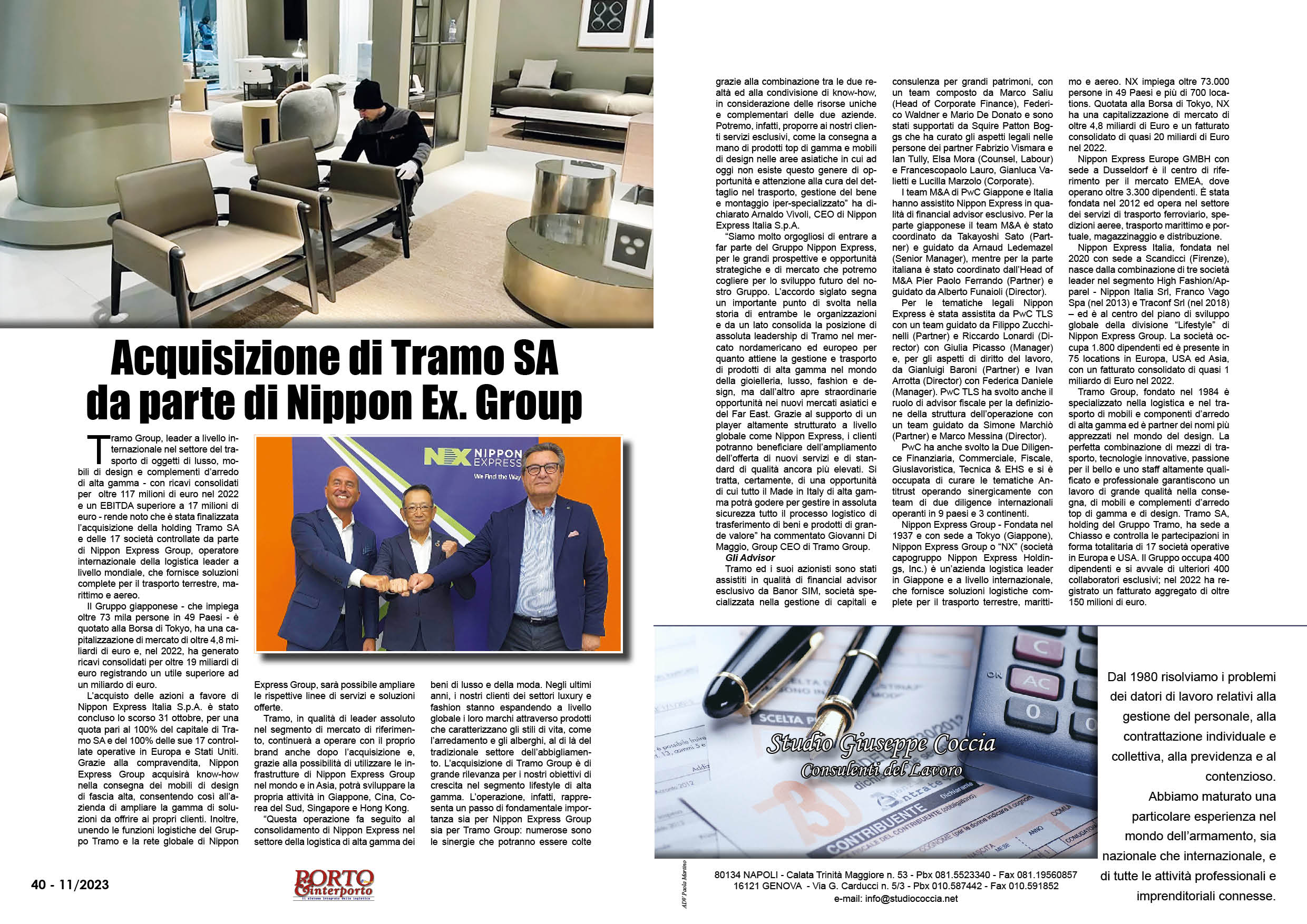 NOVEMBRE 2023 PAG. 40 - Acquisizione di Tramo SA da parte di Nippon Ex. Group