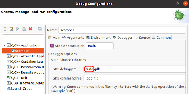 Debug configuration - add sudo to gdb