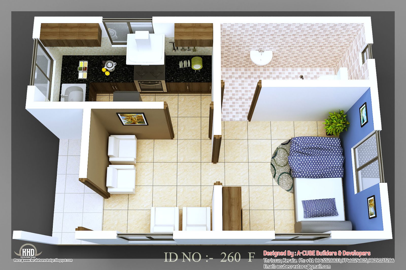  3D  isometric views  of small house  plans  Kerala home  