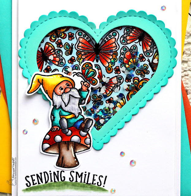 Sending Smiles Shaker Card by Larissa Heskett | Gnome Garden Stamp Set, Heartfelt Butterflies Stamp Set, and Heart Frames Die Set by Newton's Nook Designs #newtonsnook