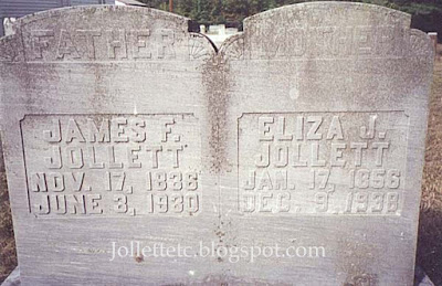 Tombstone of James F. and Eliza Jane Coleman Jollett Harriston Methodist Church Cemetery https://jollettetc.blogspot.com