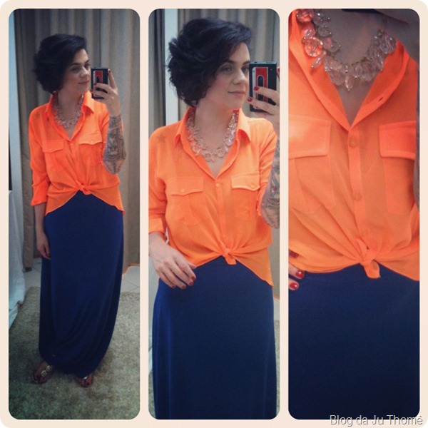 look color block camisa laranja neon com saia azul bic