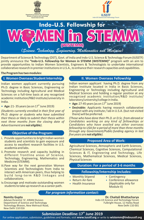 Indo-US Fellowship for Women STEMM (Science, Tech, Engg, Maths & Medicine) | 3-6 Months to Work in USA