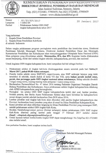 Jadwal Pelaksanaan Seleksi OSN di Tingkat Kabupaten/Kota 