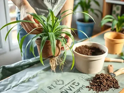 Repotting the spider plant to a larger pot with fresh soil