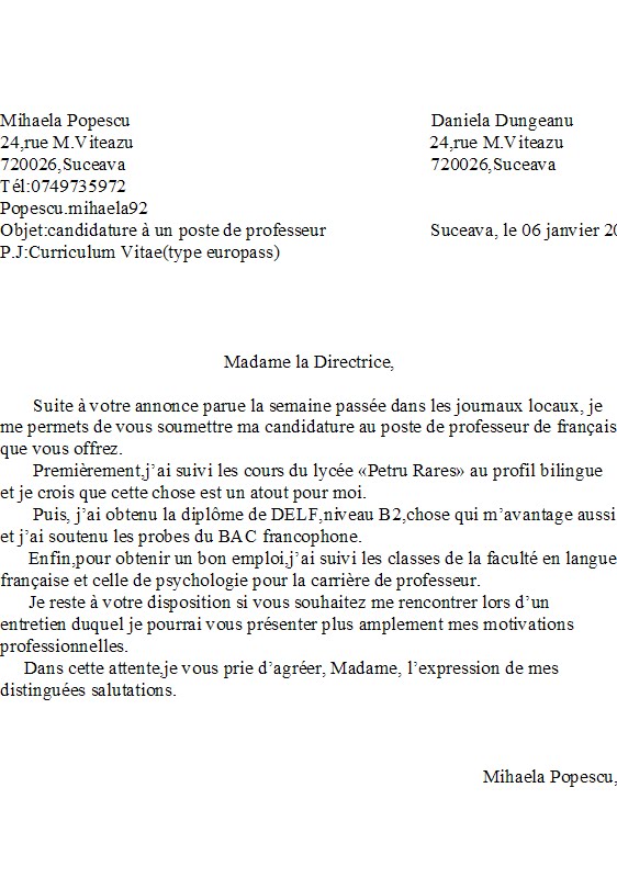 Proiect Bilingv 2009 2010: Lettre de motivation