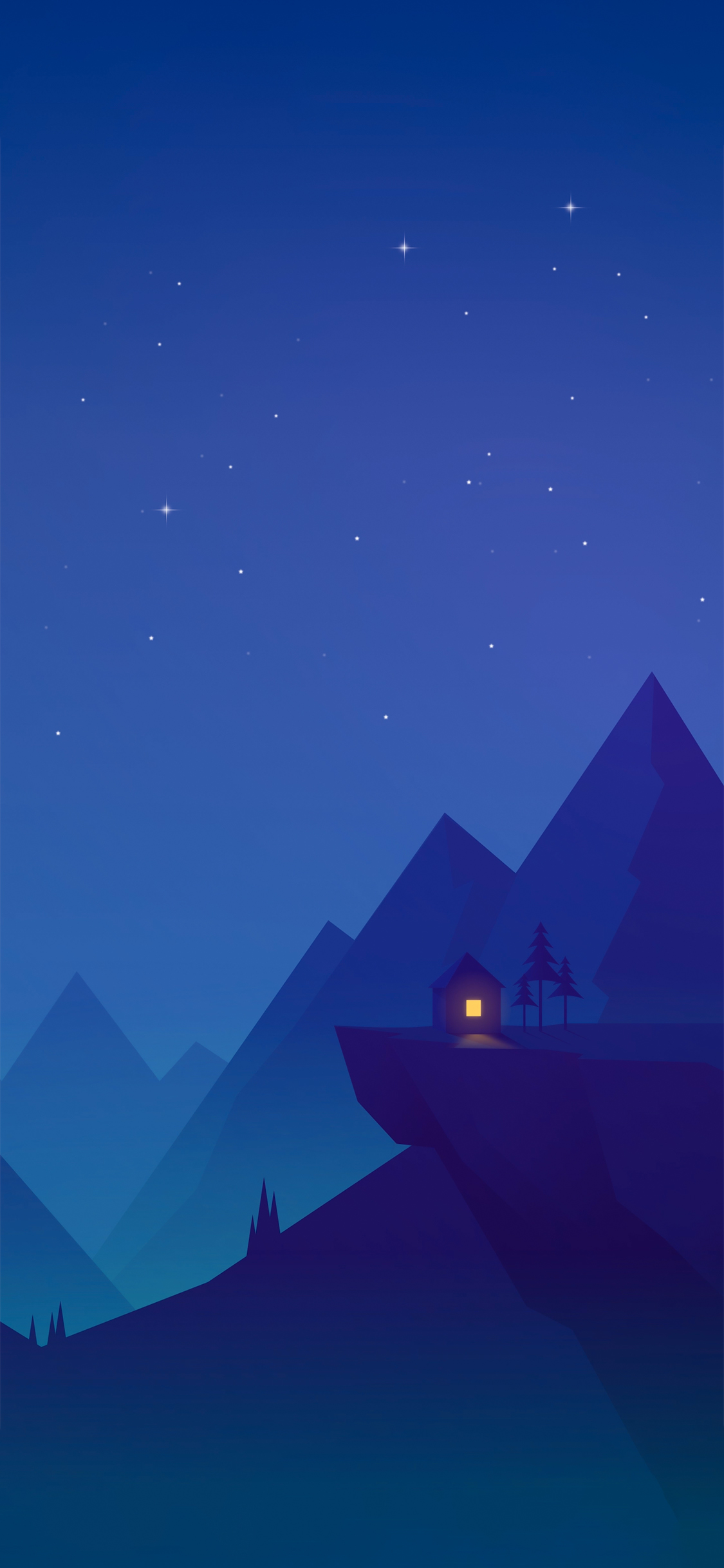 beautiful minimalist illustration of a little house in the valley at night. a small window shows a light on and makes the image cozy./ is a good image to use as wallpaper on your phone.
