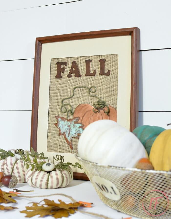 How to make unique burlap and oxidized copper sheet metal pumpkin art for Fall with a recycled thrift store picture frame and copper metal effects kit.