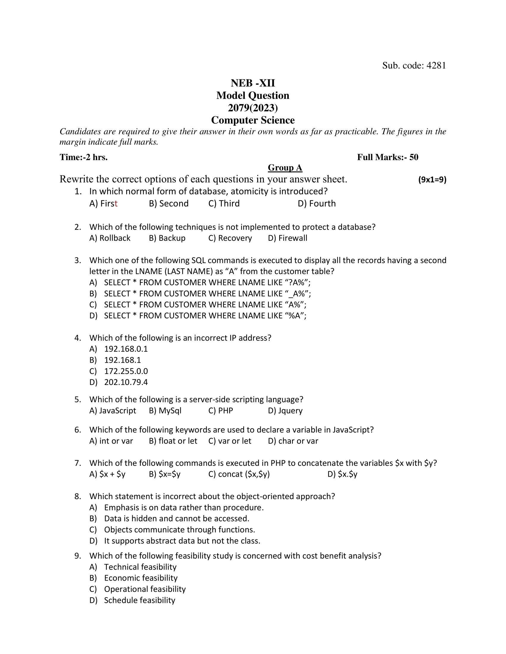 NEB Class 12 Computer Model Question Paper 2079 With Solution