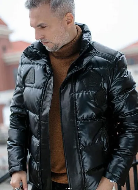 2 /2 Handsome man wearing black leather puffy jacket