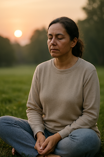 A woman meditating peacefully in a park at sunrise, representing self-reflection and mental wellness.