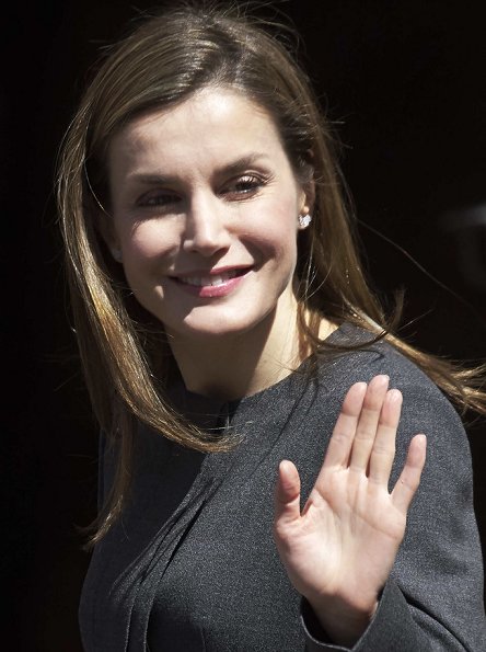 Queen Letizia wore Nina Ricci Pant Suit, Carolina Herrera patent and suede pumps and carried Uterque Studded messenger bag