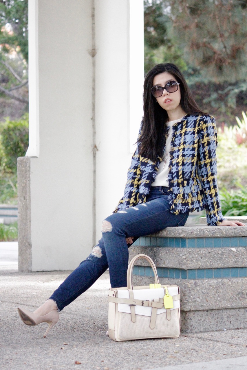 Skinny Jeans with Blue and Yellow Tweed Jacket_Adrienne Nguyen_What to Wear to a Business Casual Lunch Meeting