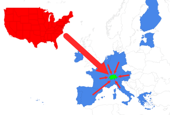 Kapitalzuflüsse aus Eurozone und USA in die Schweiz per Geo-Karte dargestellt