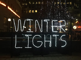 Pic of words WINTER LIGHTS lit up in Canary Wharf