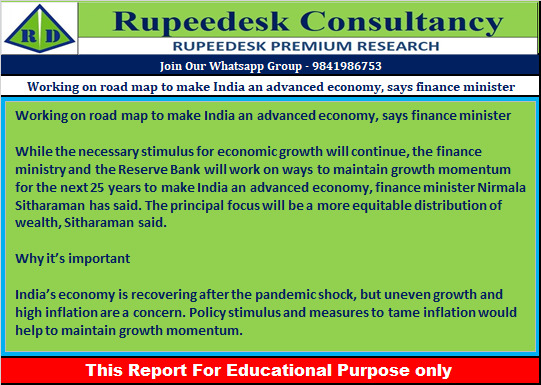 Working on road map to make India an advanced economy, says finance minister - Rupeedesk Reports - 06.09.2022