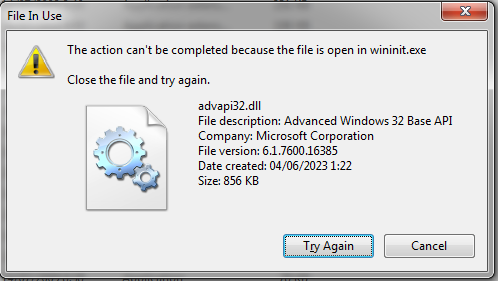 the action can't be completed because the file is open in winini.exe