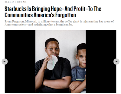 Screenshot of top of article with title: "Starbucks is bringing hope - and profit - to the communities America has forgotten" and image of two youth, one drinking a Starbucks beverage.