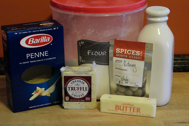 A picture of the ingredients needed to make the truffled mac and cheese.