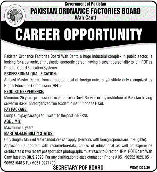 pakistan-ordnance-factories-pof-jobs-2020-for-director-latest-advertisement