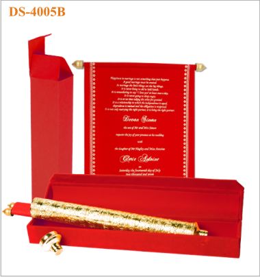 Scroll Invitation in Classic Indian Red Velvet with Gold borders 