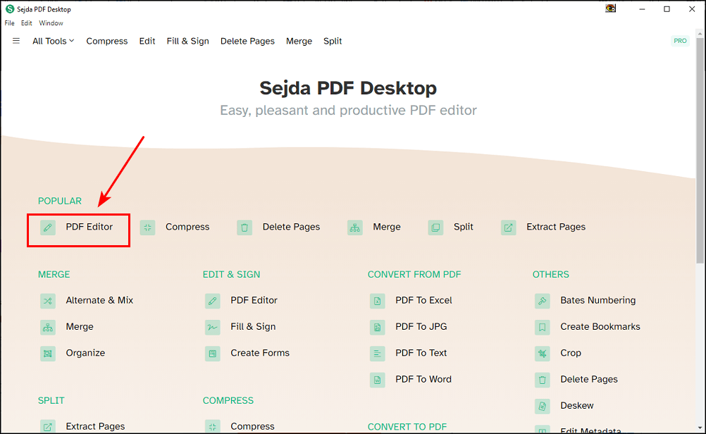 واجهة برنامج Sejda PDF Desktop لانشاء وتعديل ملفات PDF على الكمبيوتر