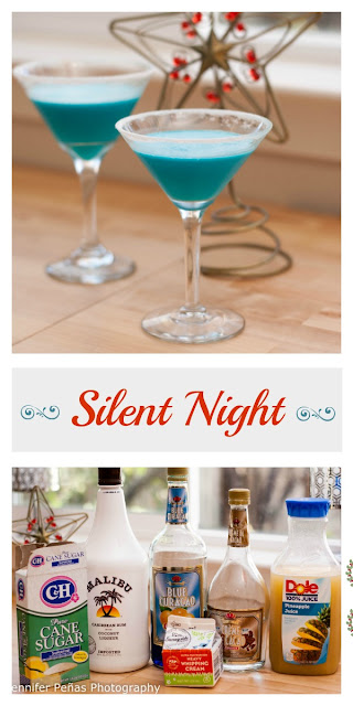 silent night cocktail, coconut rum, malibu rum, pineapple juice, blue curacao, white creme de cacao, whipping cream, christmas cocktail