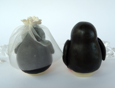 purple clay penguin wedding cake toppers
