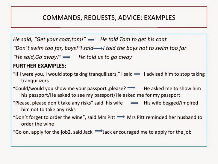 command of example 5 and request COMMANDS Garcia: REPORTED English AND SPEECH. REQUESTS Honori