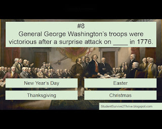 General George Washington’s troops were victorious after a surprise attack on ____ in 1776. Answer choices include: New Year's Day, Easter, Thanksgiving, Christmas
