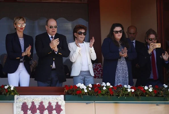 Prince Albert II, Princess Charlene and Pierre Casiraghi at the Monte-Carlo Sporting Club for Spain's Rafael Nadal tennis match. JIMMY CHOO pumps