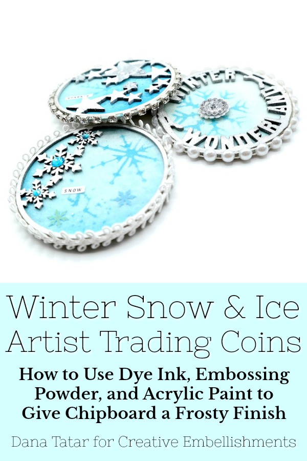 Winter Snow and Ice Layered Chipboard Artist Trading Coins with Rhinestones and Snowflakes